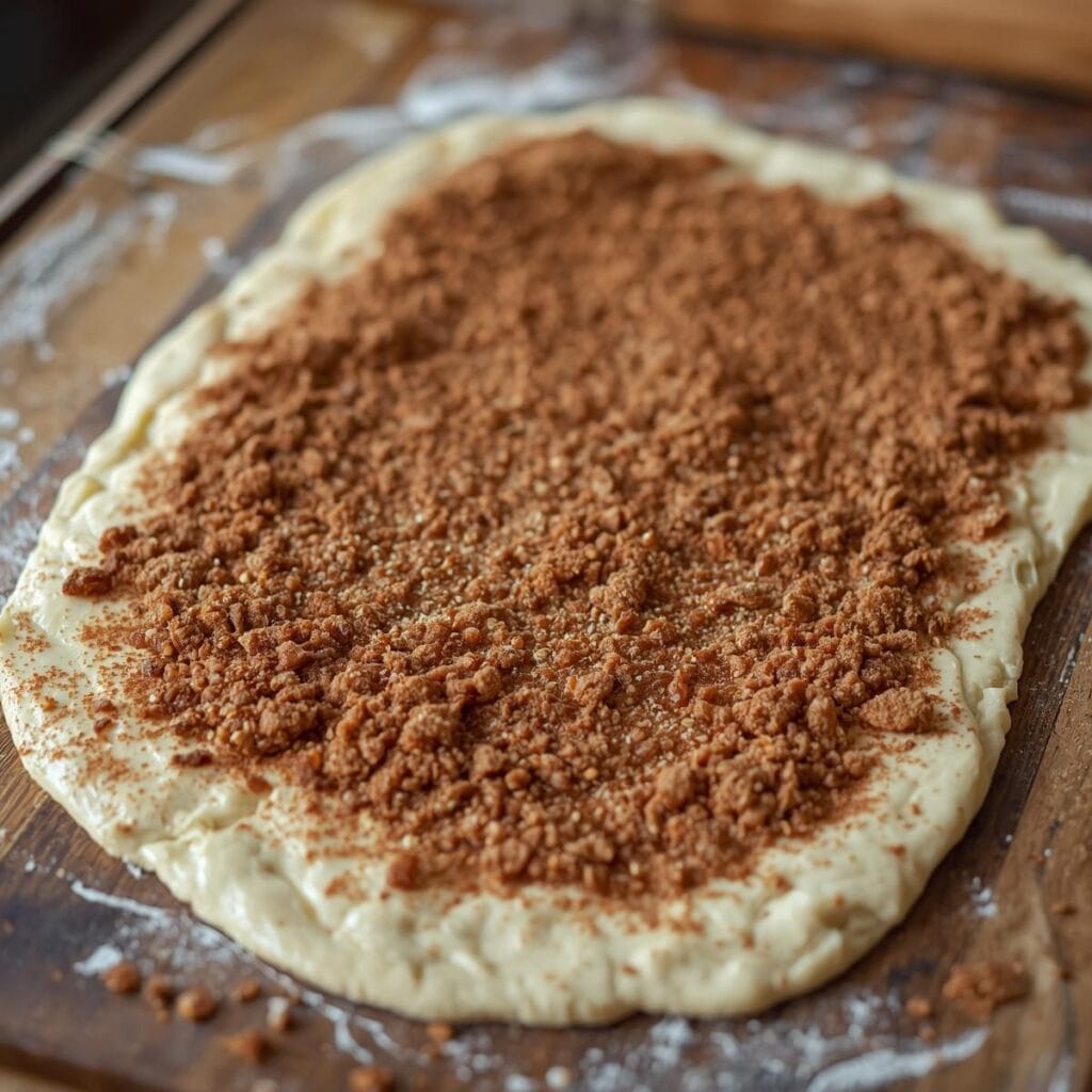 Sprinkling cinnamon mixture on rolled out dough